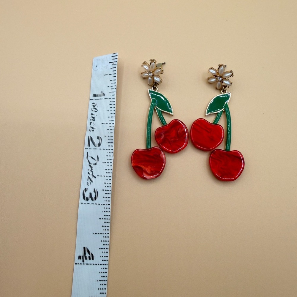 Red Cherry Dangle Earrings Pearl Flower Green Enamel Coquette Statement Gift - Picture 14 of 15